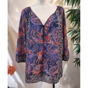 Chaps X Ralph Lauren Paisley Boho 3/4 Sleeve V-Neck Button Blouse Size XL Hippie